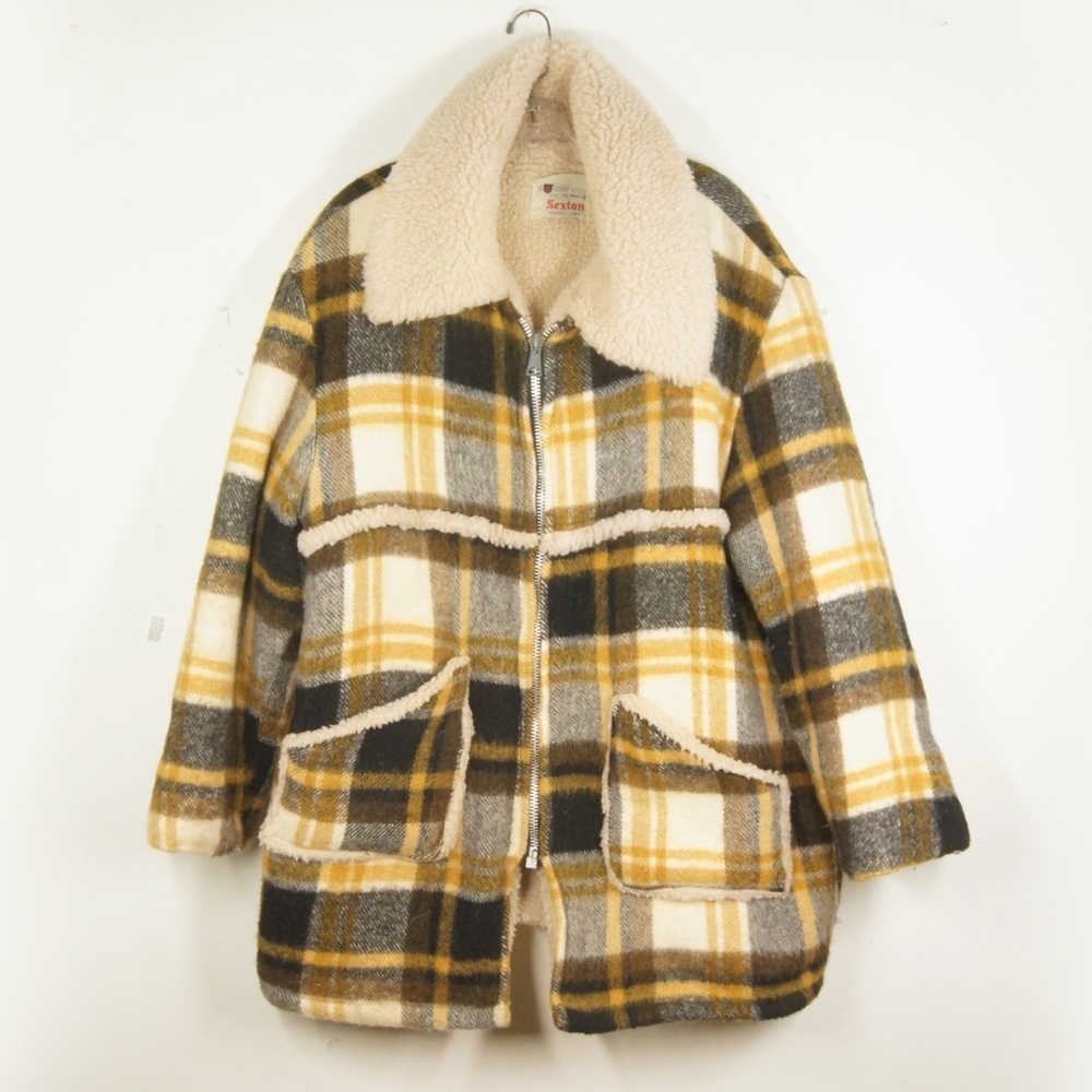 Vintage House of Sexton Yellow Plaid Wool Blend Sherpa Jacket Coat